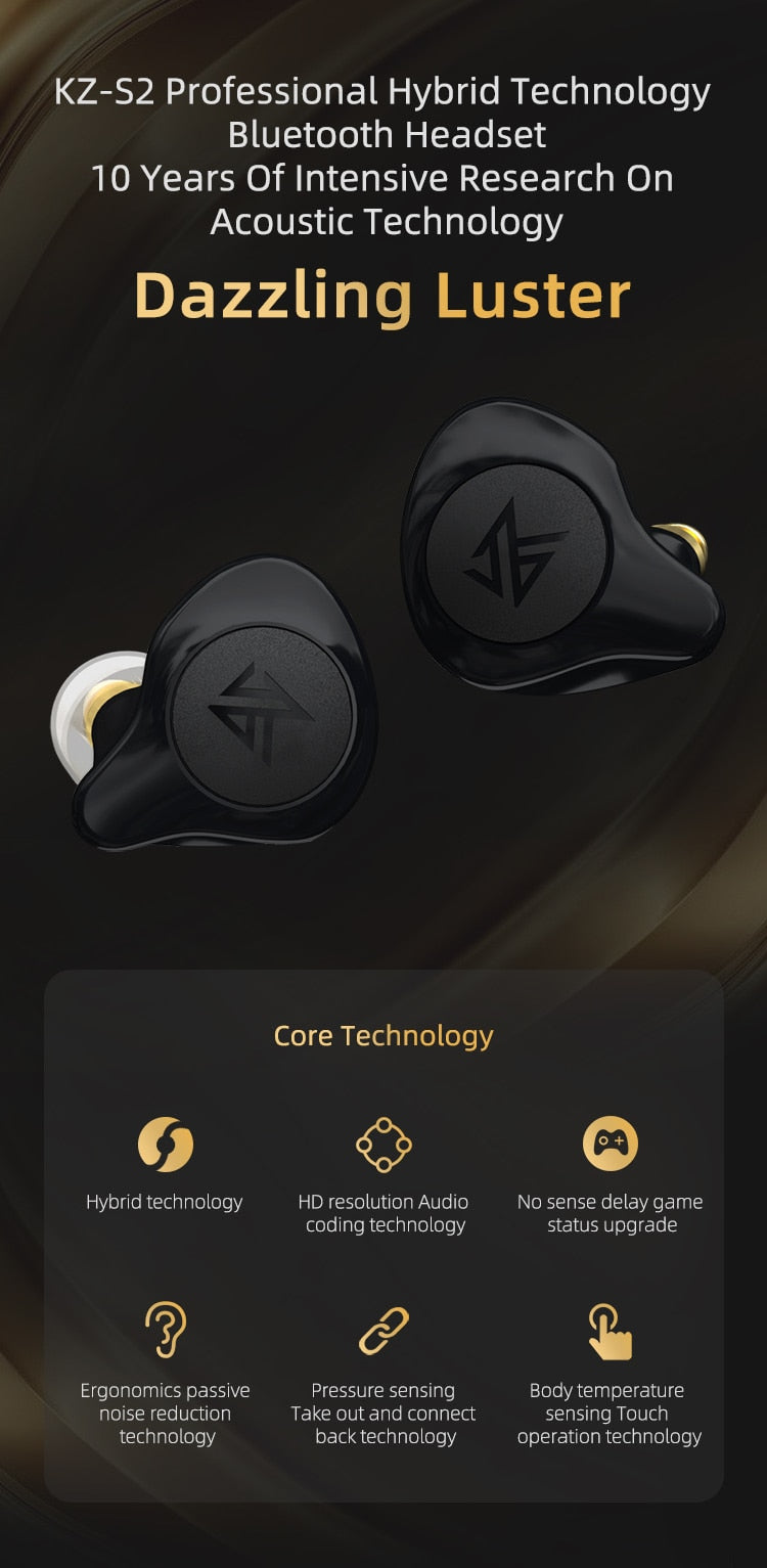 KZ S2 True Wireless TWS Earphones Bluetooth v5.0 Hybrid 1DD+1BA Game Earbuds Touch Control Noise Cancelling Sport Headset - Jogoda